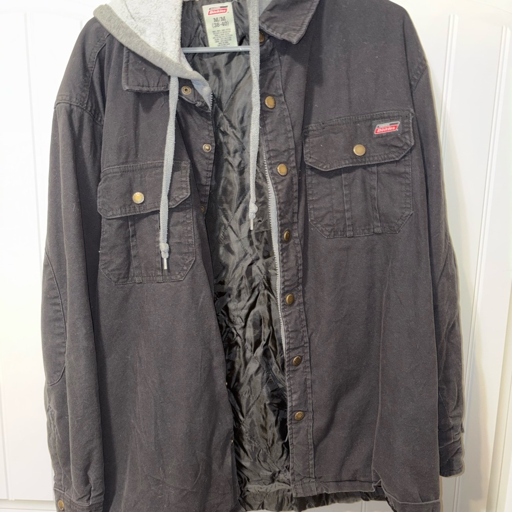 Dickies Men’s Coat Zipper & Snaps W/ Hood Size M Black Gray Hood W/ Draw String